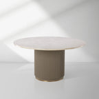 Canodi Polished Cream Marble Stone Top Dining Table with Wood Fluted Base