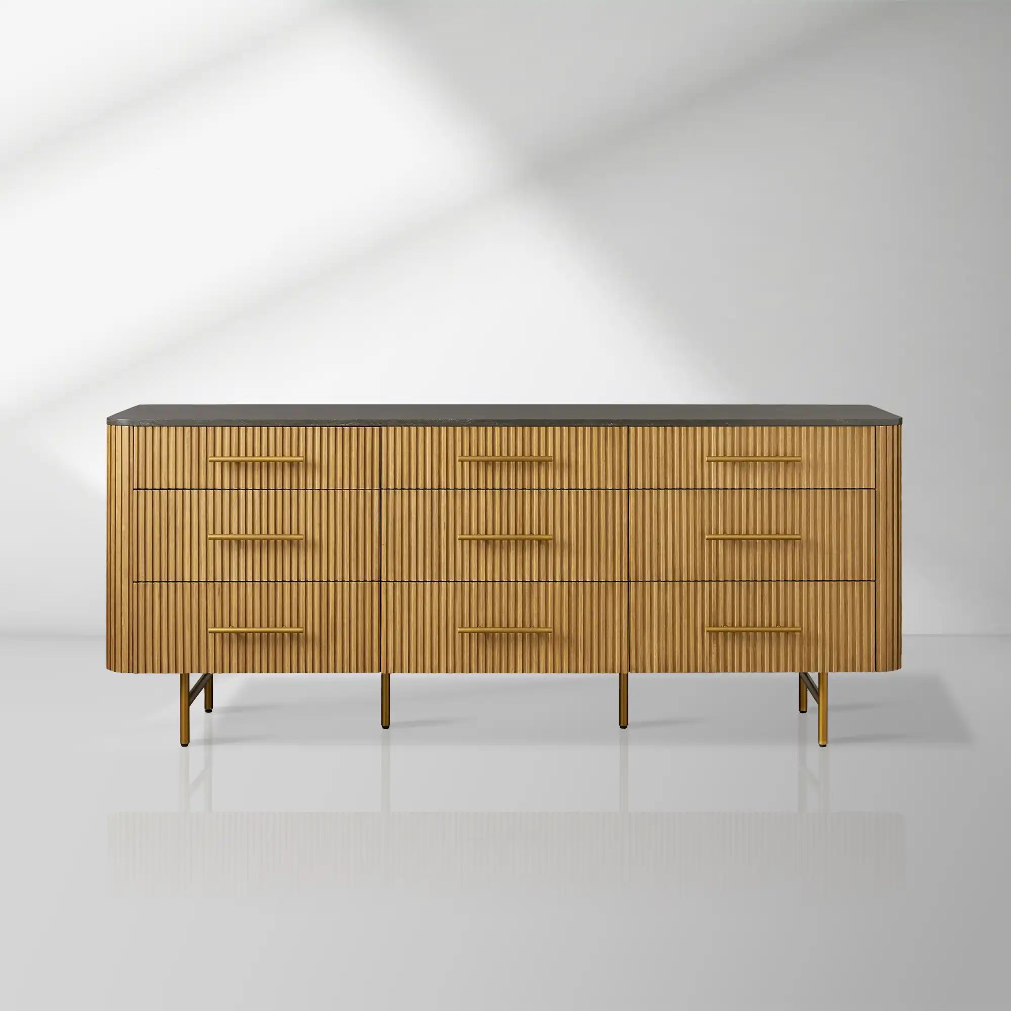 Finnley Natural Marble Stone Top Nine-Drawer Dresser White Oak Wood Drawer Chest Cabinet