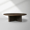 Pola Wood Round Coffee Table with Ash Wood Top Weathered Steel Base Wabi-Sabi Style Living Room Center Tea Table