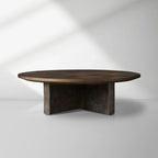 Pola Wood Round Coffee Table with Ash Wood Top Weathered Steel Base Wabi-Sabi Style Living Room Center Tea Table