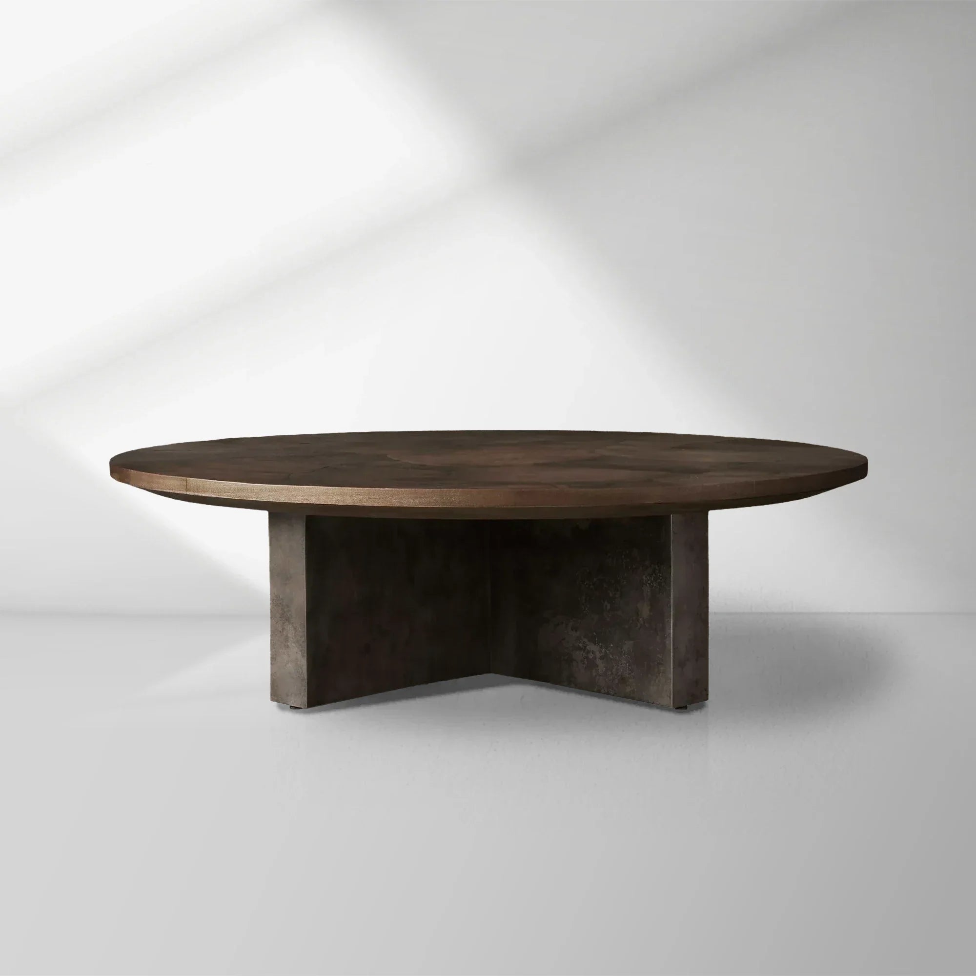 Pola Wood Round Coffee Table with Ash Wood Top Weathered Steel Base Wabi-Sabi Style Living Room Center Tea Table
