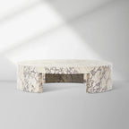 Runder Couchtisch Veneta mit Carrara-Marmor-Furnierplatte für Wohnzimmer und Holztisch