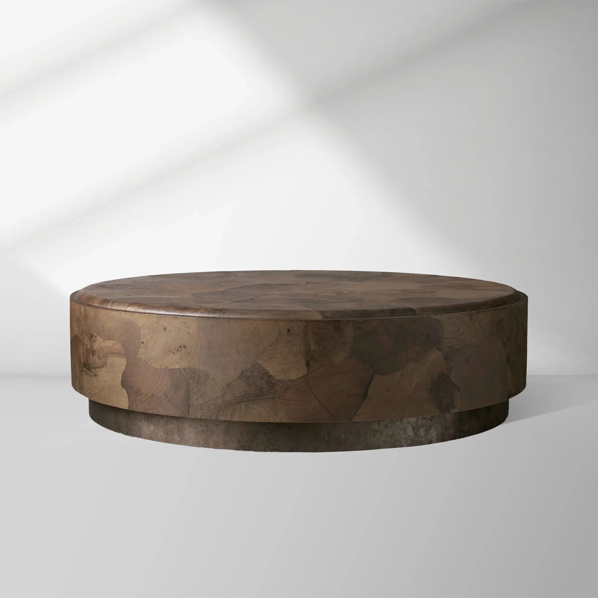 Pola Wood Round Plinth Coffee Table with Bare Steel Panels Base Wabi-Sabi Sytle Living Room Center Ash Tea Table