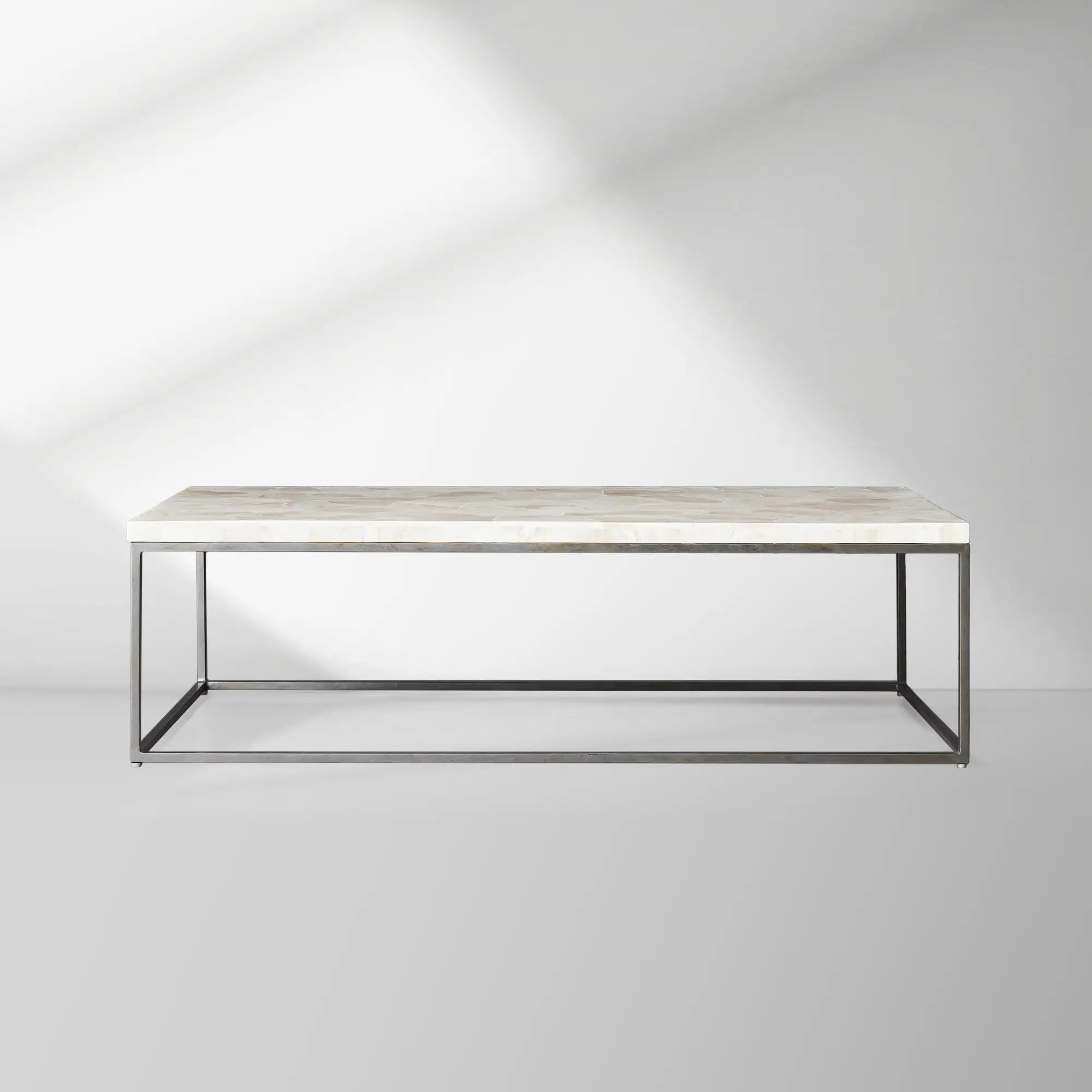 Arielle Rectangle Coffee Table with Fossilized Clamshell Top Iron Base Sofa Center Tea Table