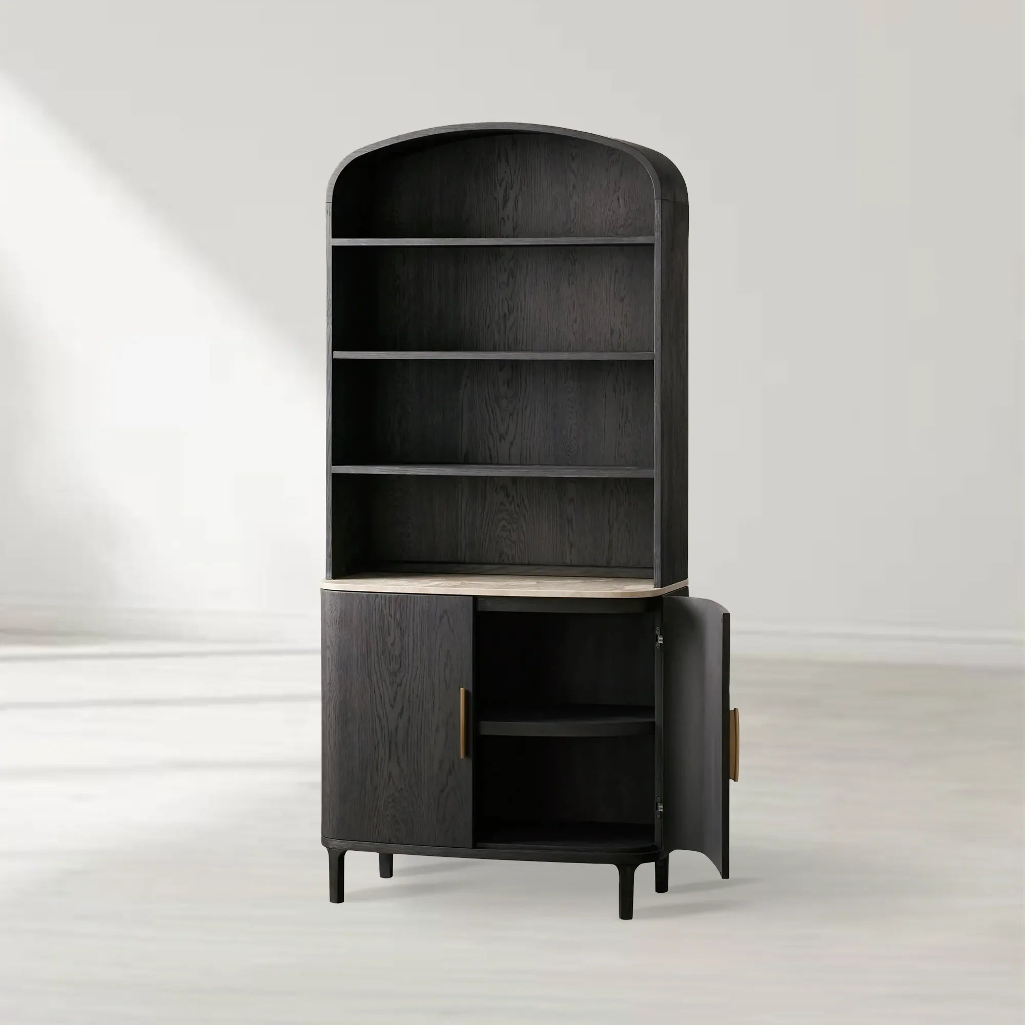 Danny Wood Tall Display Hutch with Marble Top Oak Sideboard Buffet Storage Table Kitchen Pantry Cabine