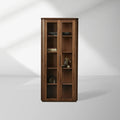 Vitrine haute Caden en noyer, meuble de rangement en bois, vitrine d'entrée, bibliothèque avec porte vitrée