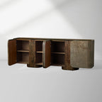 Alvaro Naturally Oxidized Aluminum Panels Buffet Sideboard Raw Wood Stumps Tabletop Entryways Cabinet