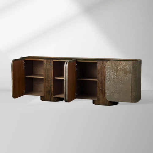 Alvaro Naturally Oxidized Aluminum Panels Buffet Sideboard Raw Wood Stumps Tabletop Entryways Cabinet