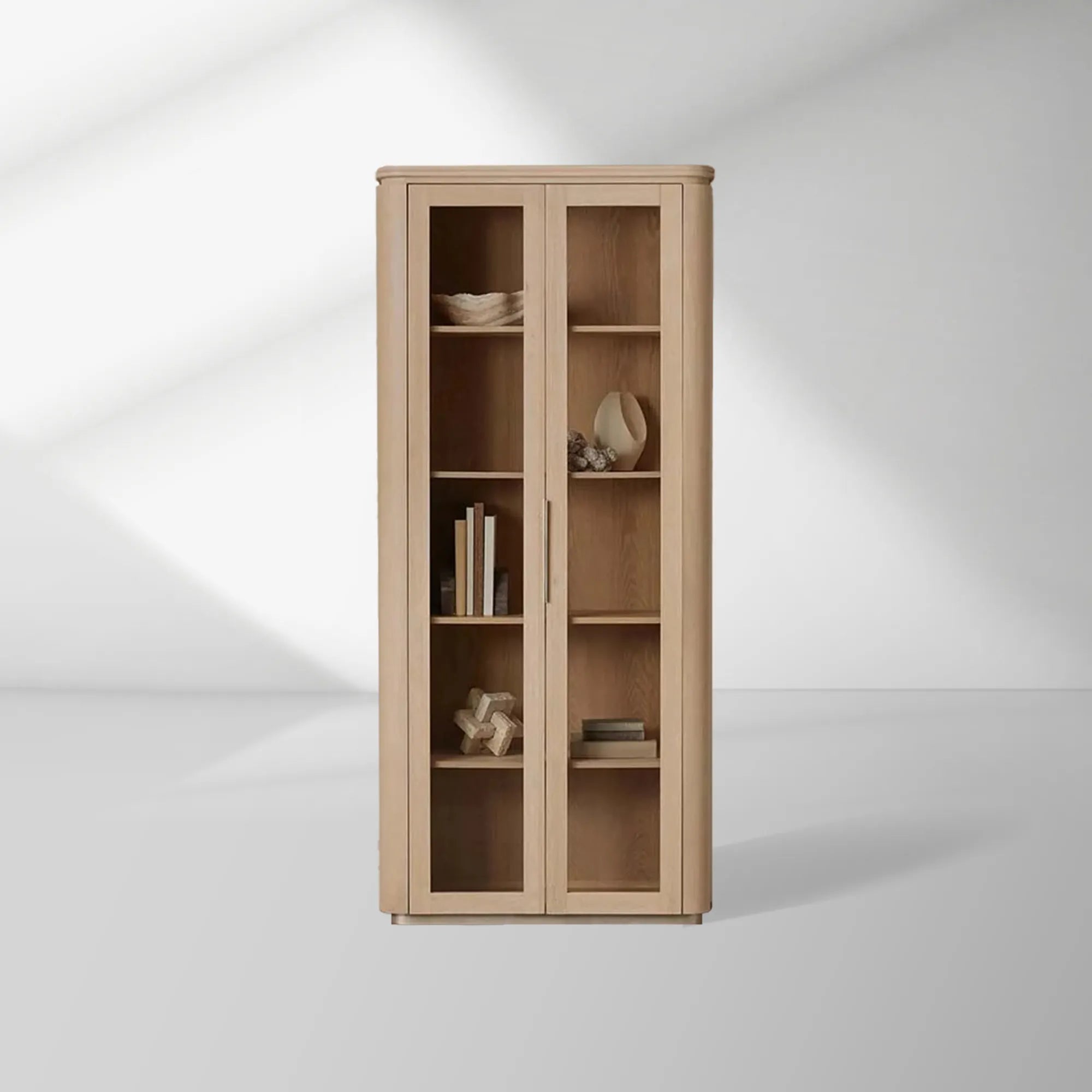Vitrine haute Caden en noyer, meuble de rangement en bois, vitrine d'entrée, bibliothèque avec porte vitrée