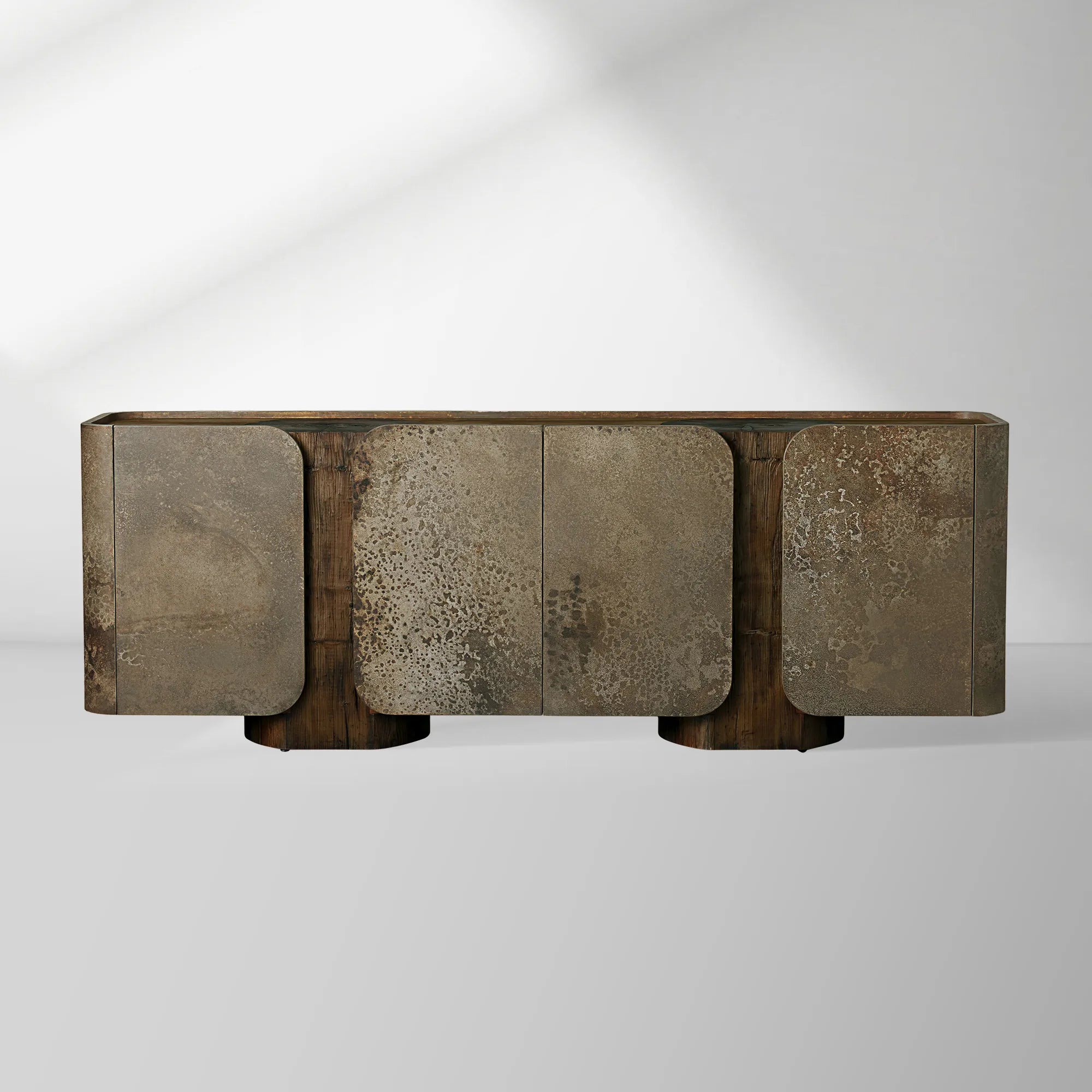 Alvaro Naturally Oxidized Aluminum Panels Buffet Sideboard Raw Wood Stumps Tabletop Entryways Cabinet