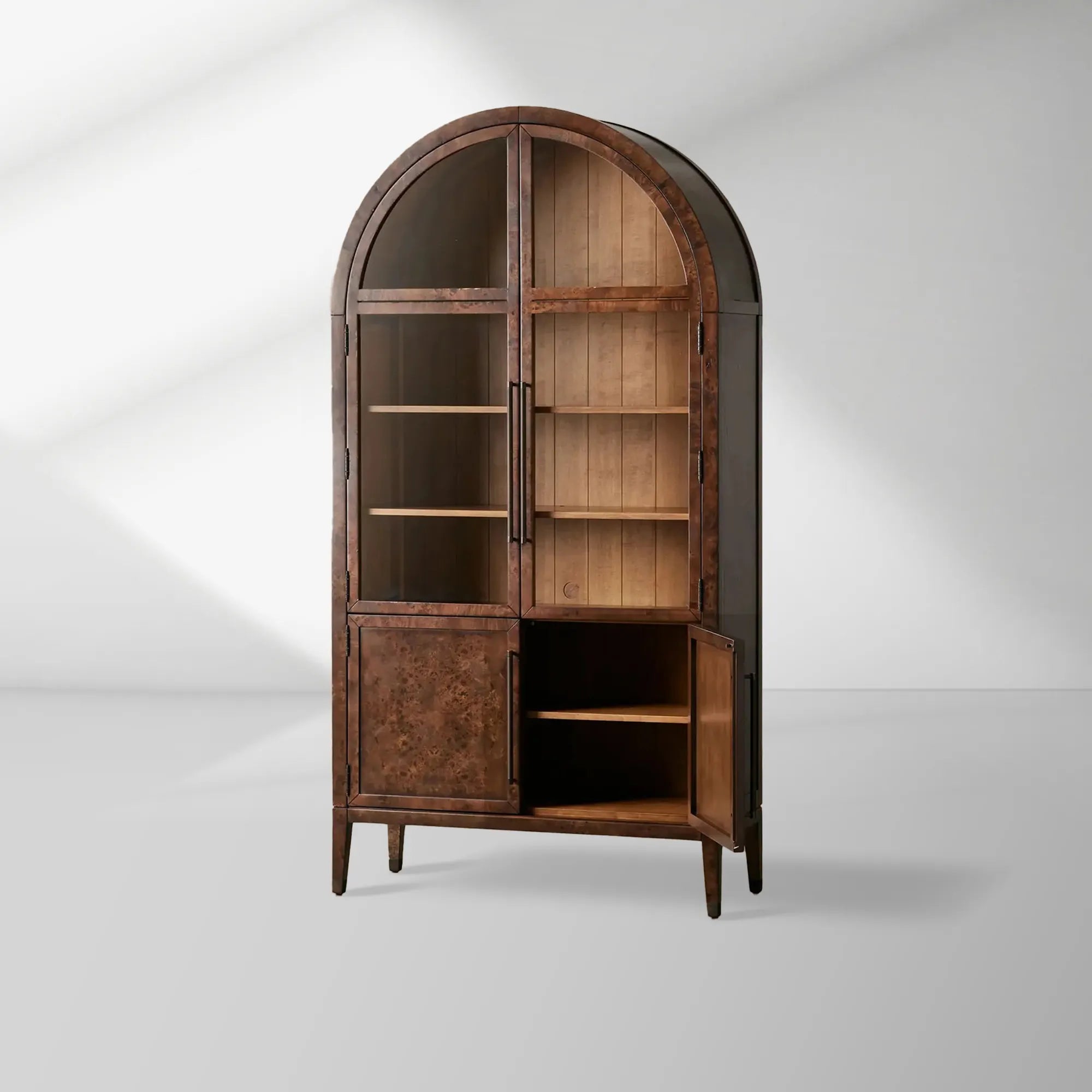 Hattie Mappa Burl Arched Glass Tall Display Cabinet with Wood Storage Cabinet