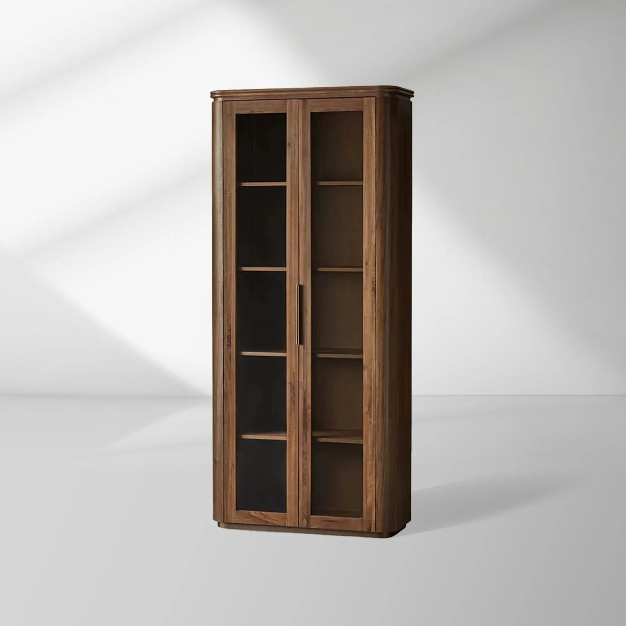 Vitrine haute Caden en noyer, meuble de rangement en bois, vitrine d'entrée, bibliothèque avec porte vitrée