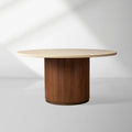 Table à manger ronde Caden avec plateau en pierre, en noyer ou en chêne avec piètement sculptural
