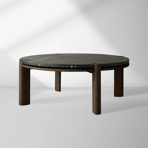 Pyet Round Marble Top Coffee Table Marble Top & Oak Wood Base Cocktail Table Living Room Center Tea Table