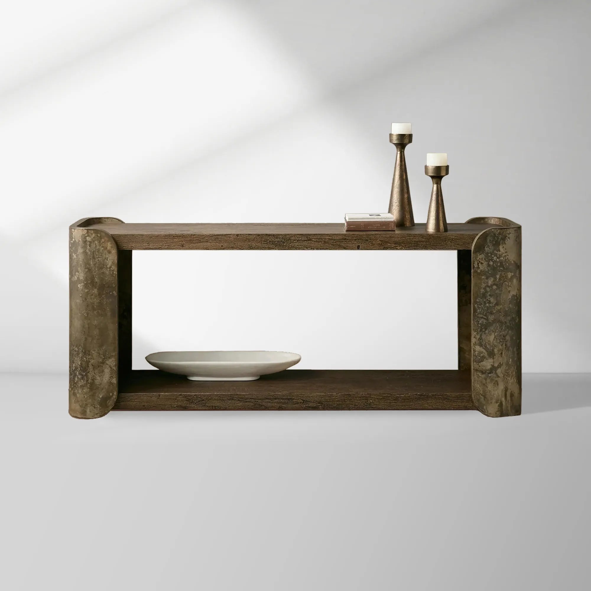 Alvaro Primavera Wood Entryway Console Table Oxidized Aluminum Modern Wabi-Sabi Style Hallway Entrance Table