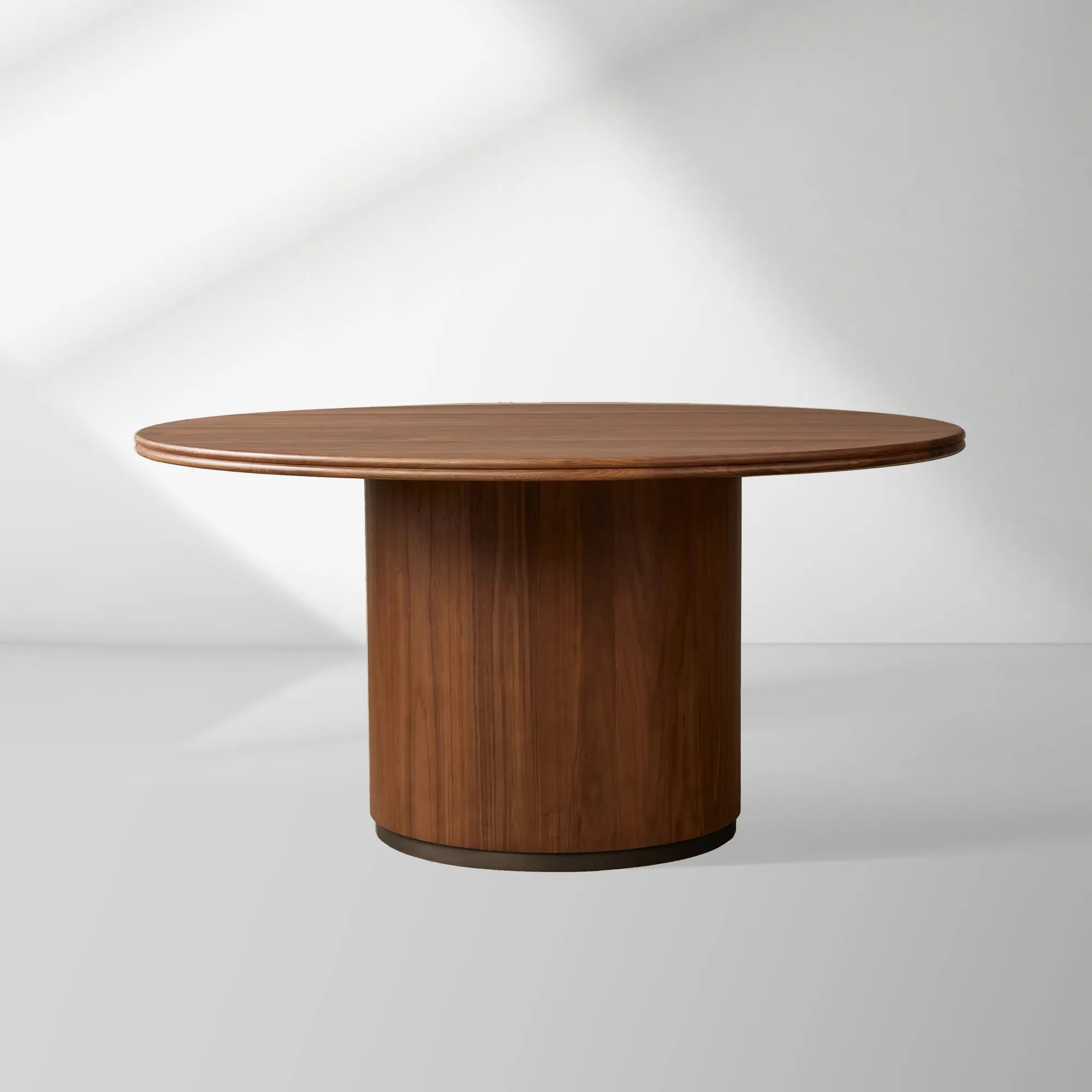 Caden Round Dining Table with Wooden Top Sculptural Base & Antiqued Metal Plinth