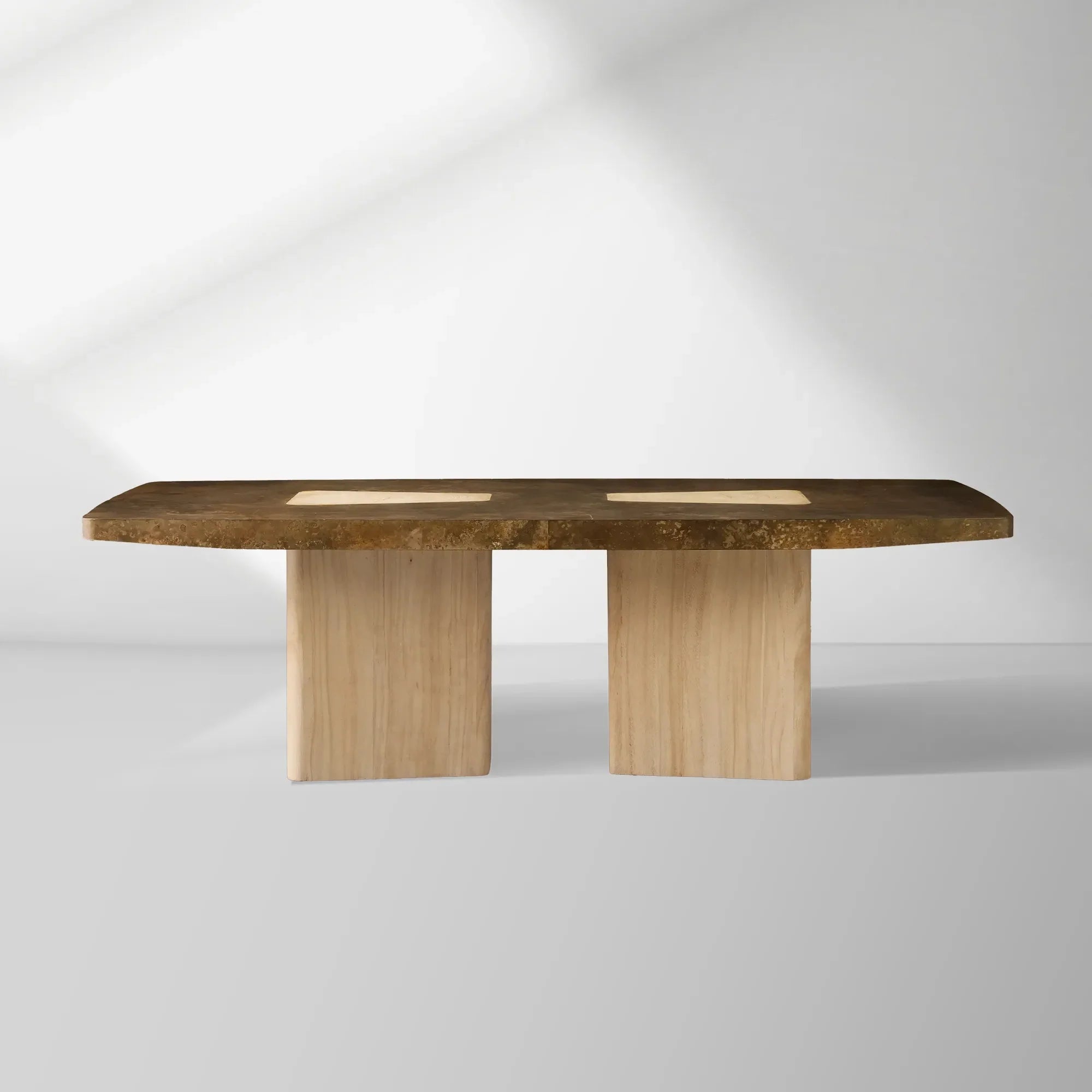 Marea Guanacaste Wood Rectangle Dining Table in Oxidized Aluminum with Guanacaste Wood Veneers