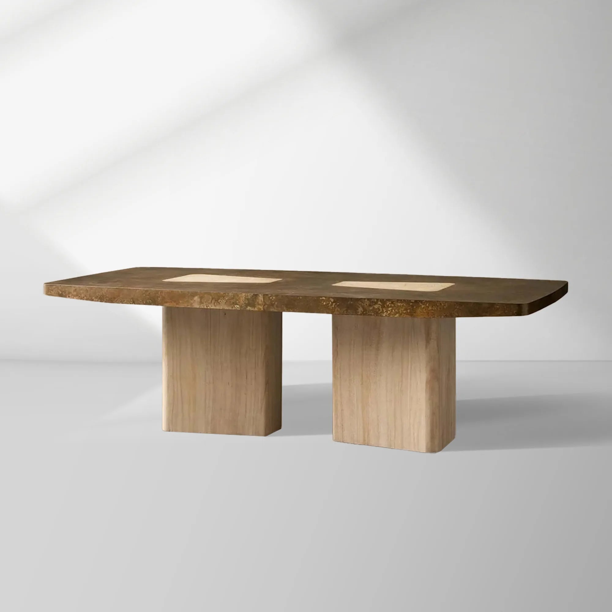 Marea Guanacaste Wood Rectangle Dining Table in Oxidized Aluminum with Guanacaste Wood Veneers