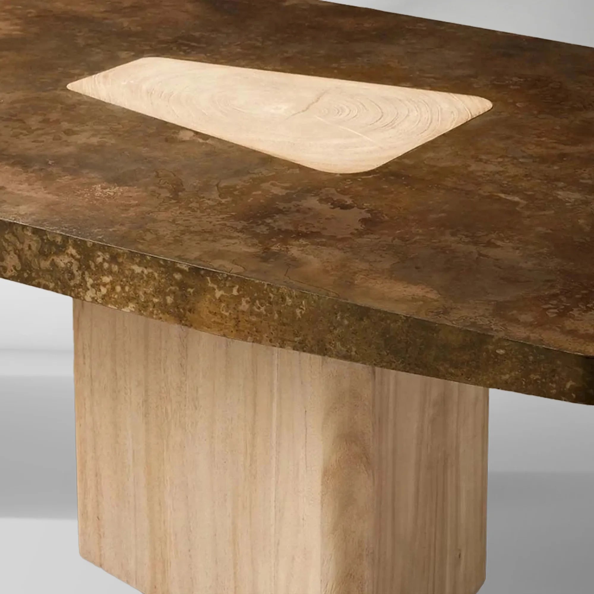 Marea Guanacaste Wood Rectangle Dining Table in Oxidized Aluminum with Guanacaste Wood Veneers