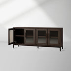Malone Wood Buffet Sideboard leather Panels Entryways TV Cabinet with Tempered Glass Doors