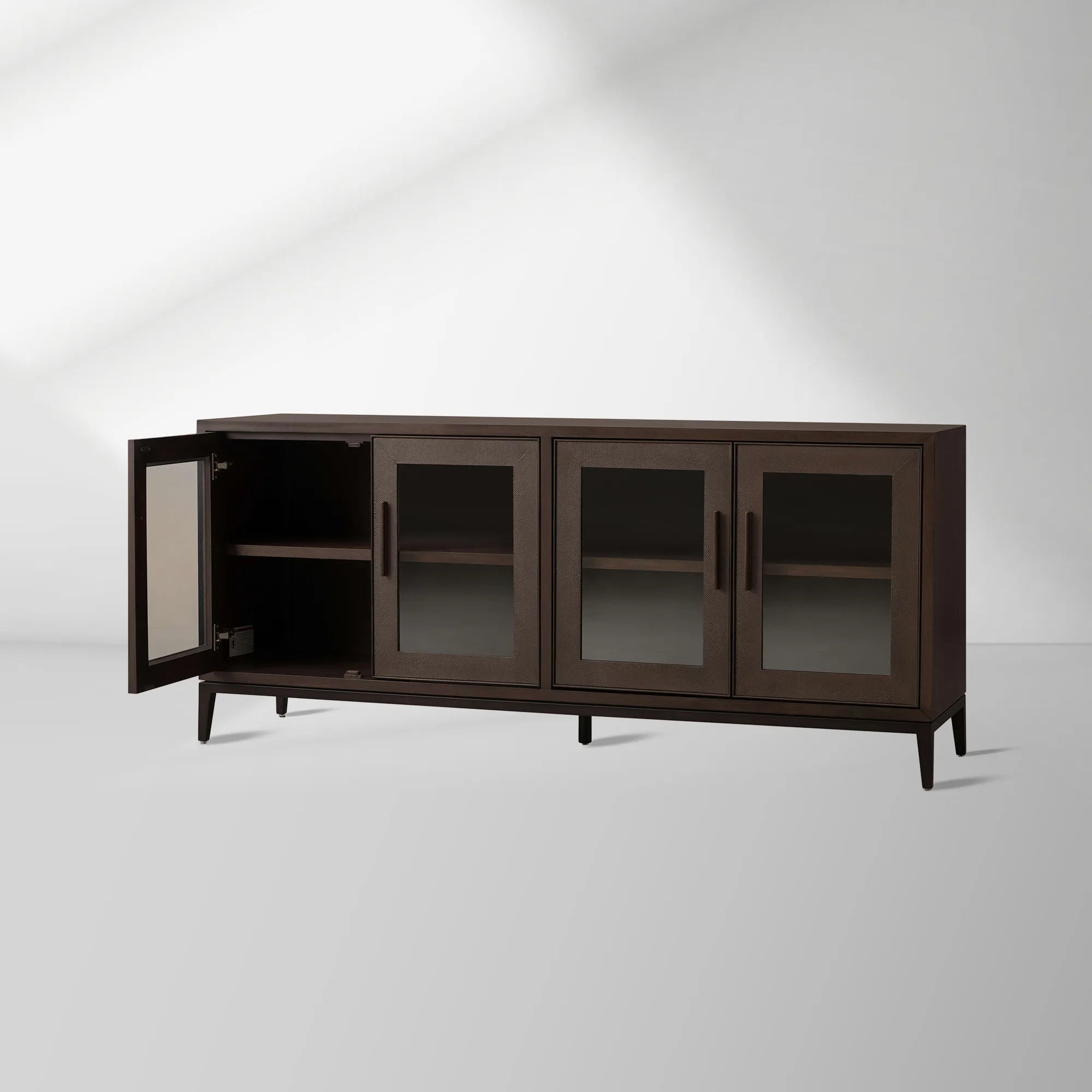 Malone Wood Buffet Sideboard leather Panels Entryways TV Cabinet with Tempered Glass Doors