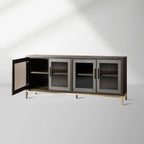 Malone Wood Buffet Sideboard leather Panels Entryways TV Cabinet with Tempered Glass Doors