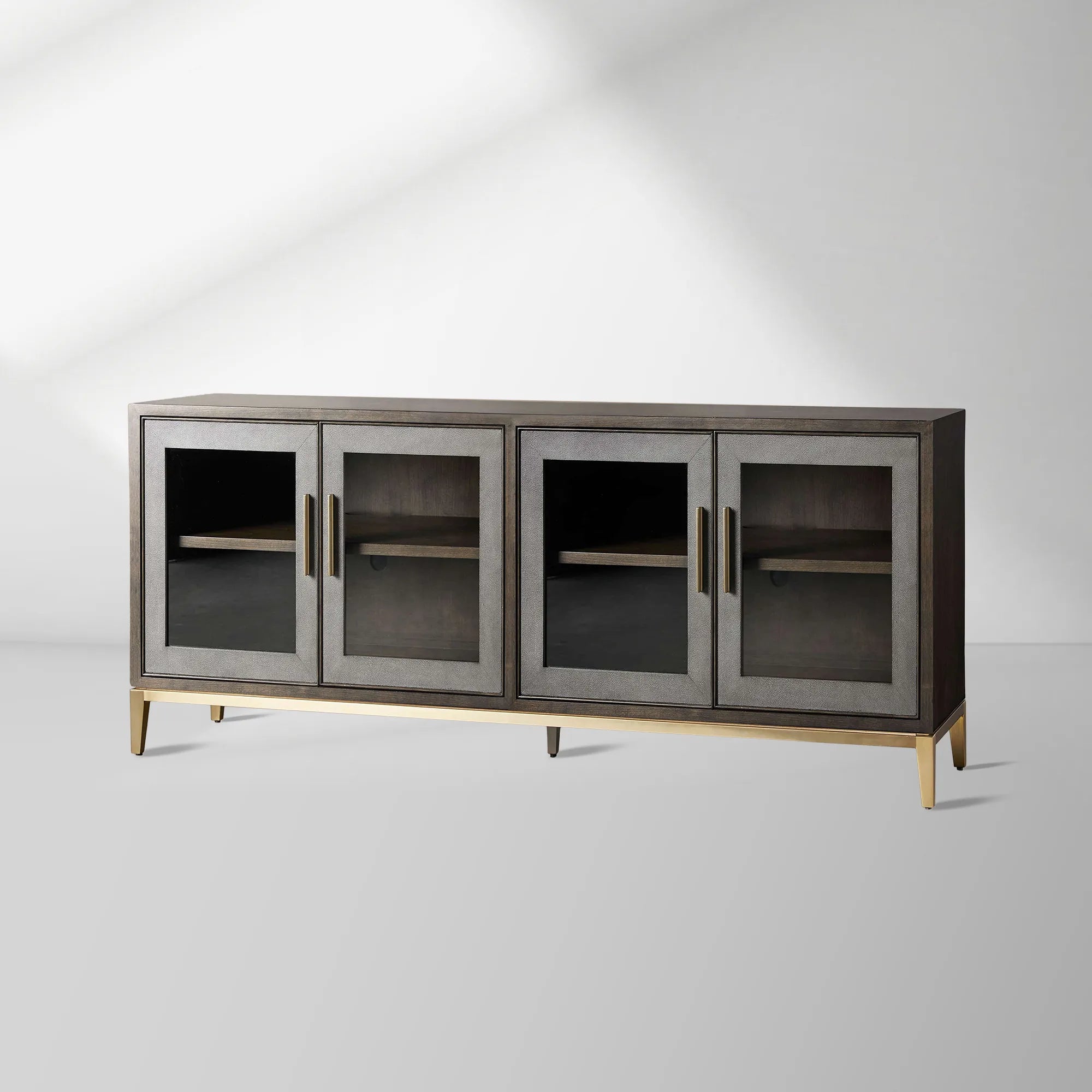 Malone Wood Buffet Sideboard leather Panels Entryways TV Cabinet with Tempered Glass Doors