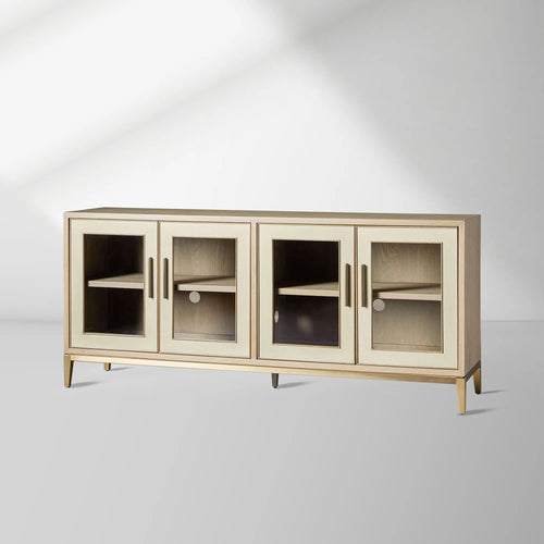 Malone Wood Buffet Sideboard leather Panels Entryways TV Cabinet with Tempered Glass Doors