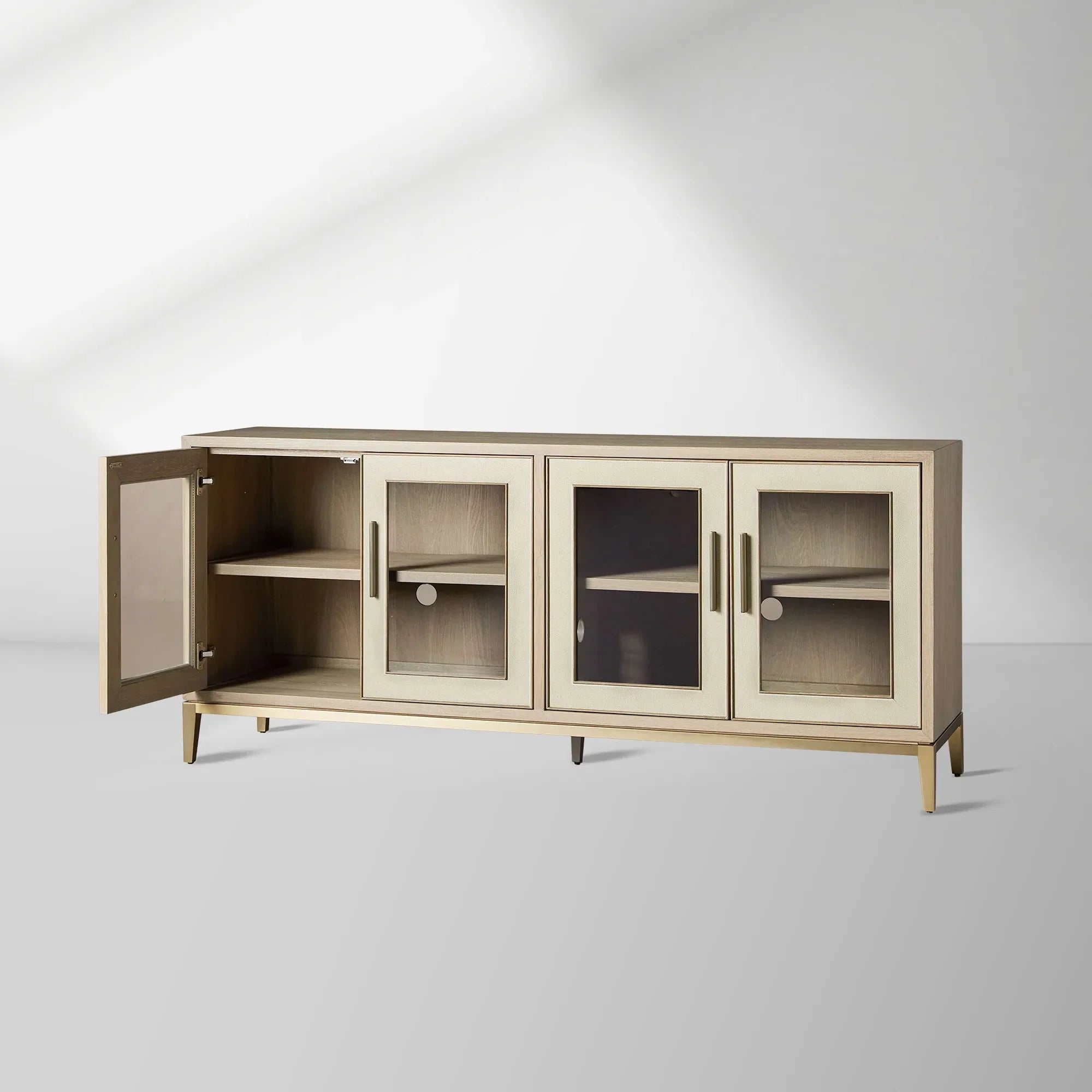 Malone Wood Buffet Sideboard leather Panels Entryways TV Cabinet with Tempered Glass Doors