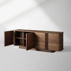Buffet en bois moderne du milieu du siècle Ribbon, meuble de télévision, entrée, avec plinthe encastrée