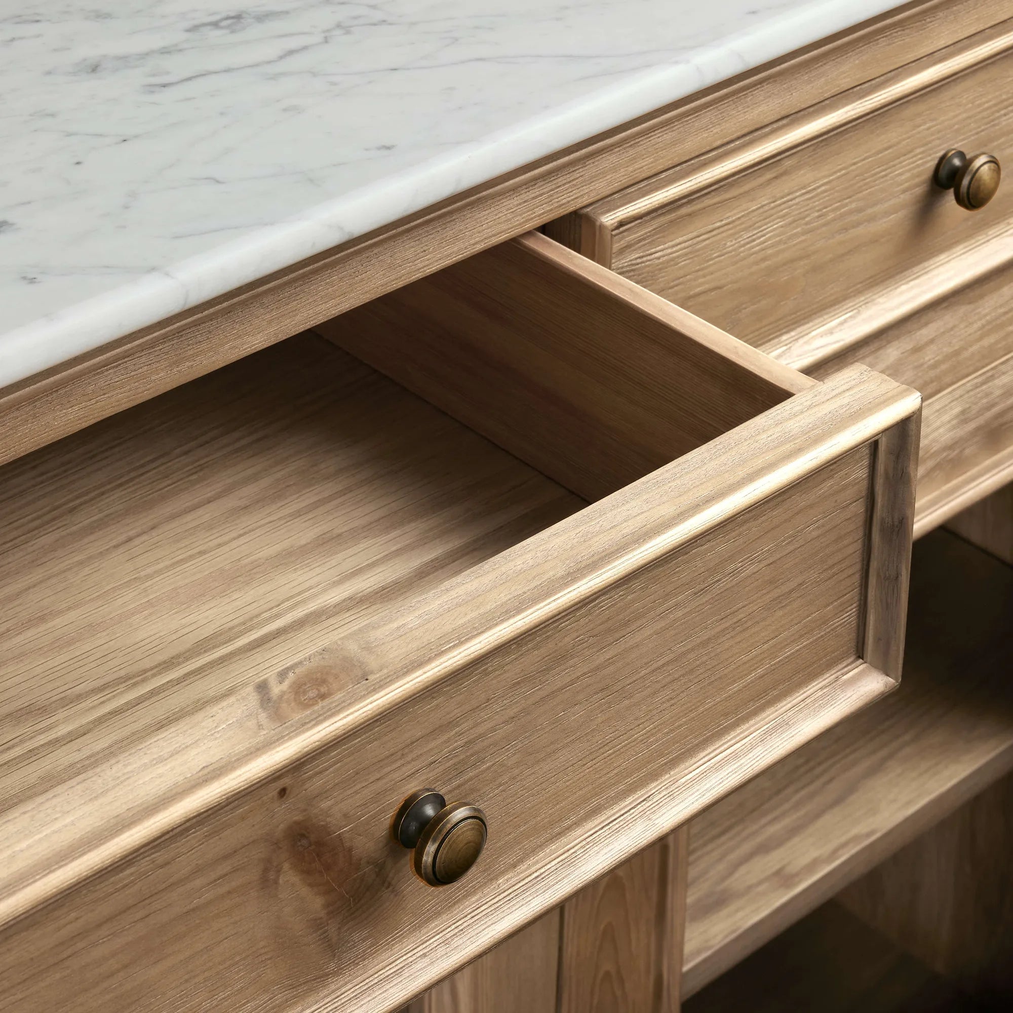 Kensington Bluestone Marble Top Buffet Sideboard Pine Wood Entryways Side Cabinet Glass Doors Media TV Cabinet