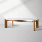 Pyet Rectangular Coffee Table with Carrara Marble Top & Solid Red Oak Wood Base Cocktail Table Elegance Living Room Center Tea Table