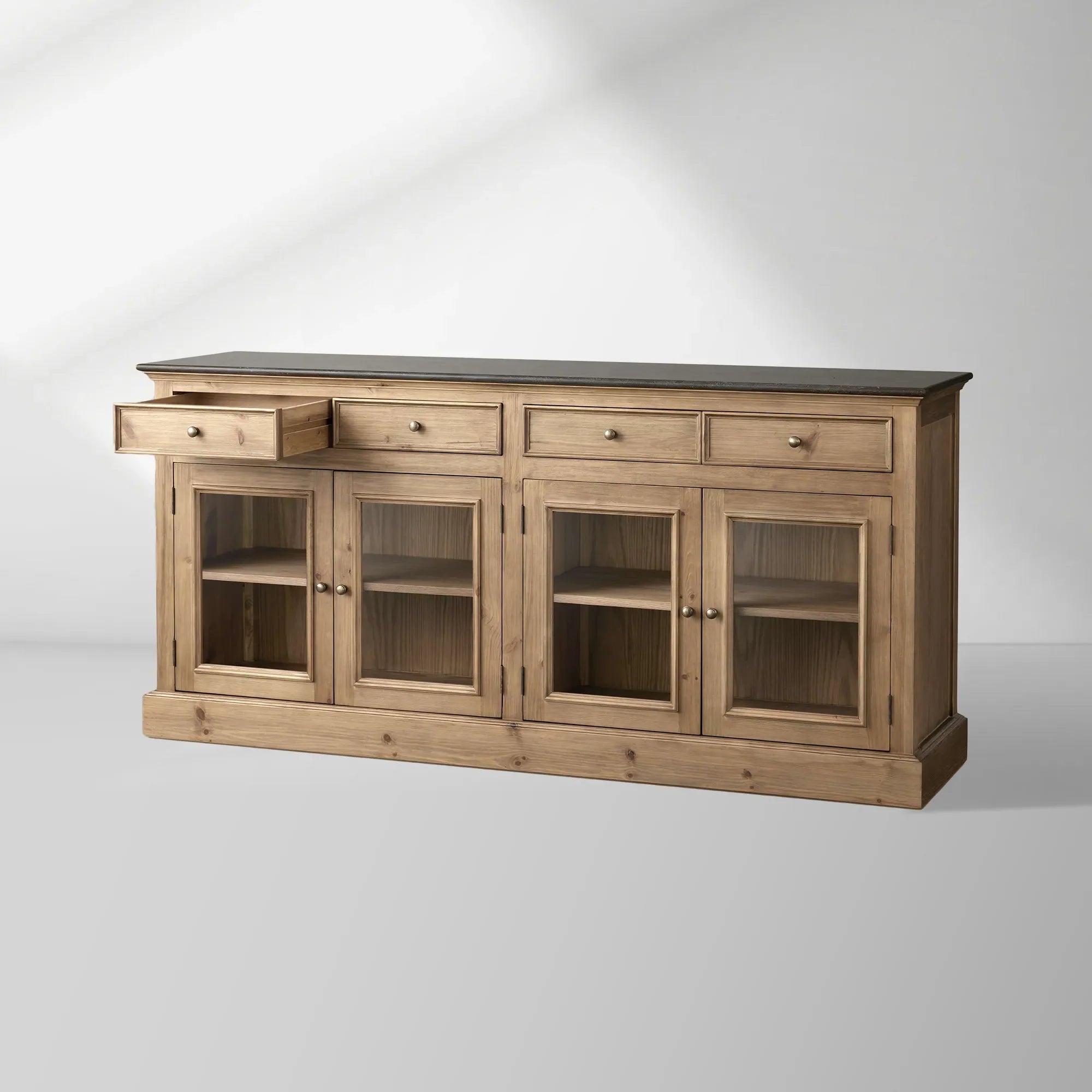 Kensington Bluestone Marble Top Buffet Sideboard Pine Wood Entryways Side Cabinet Glass Doors Media TV Cabinet