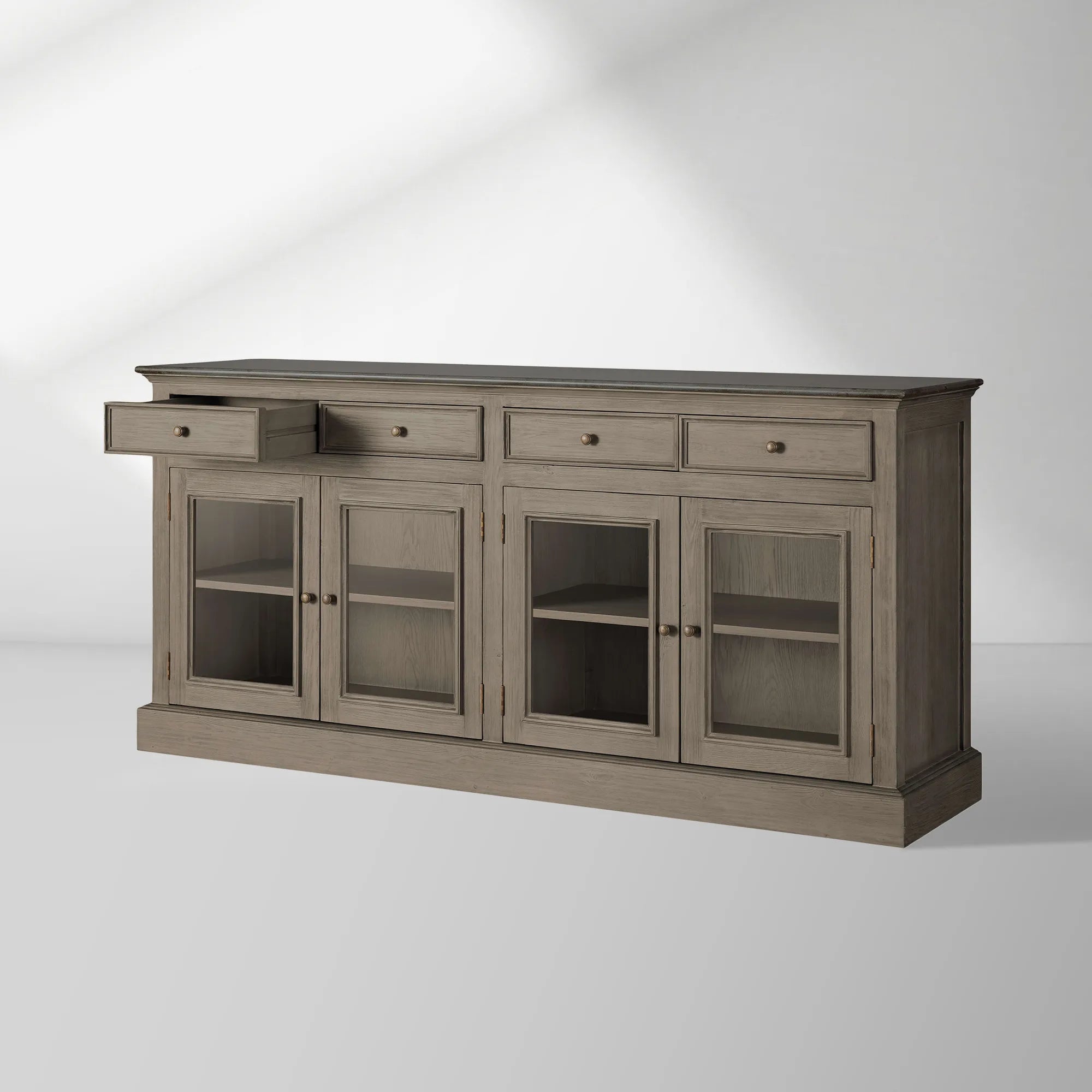 Kensington Bluestone Marble Top Buffet Sideboard Pine Wood Entryways Side Cabinet Glass Doors Media TV Cabinet