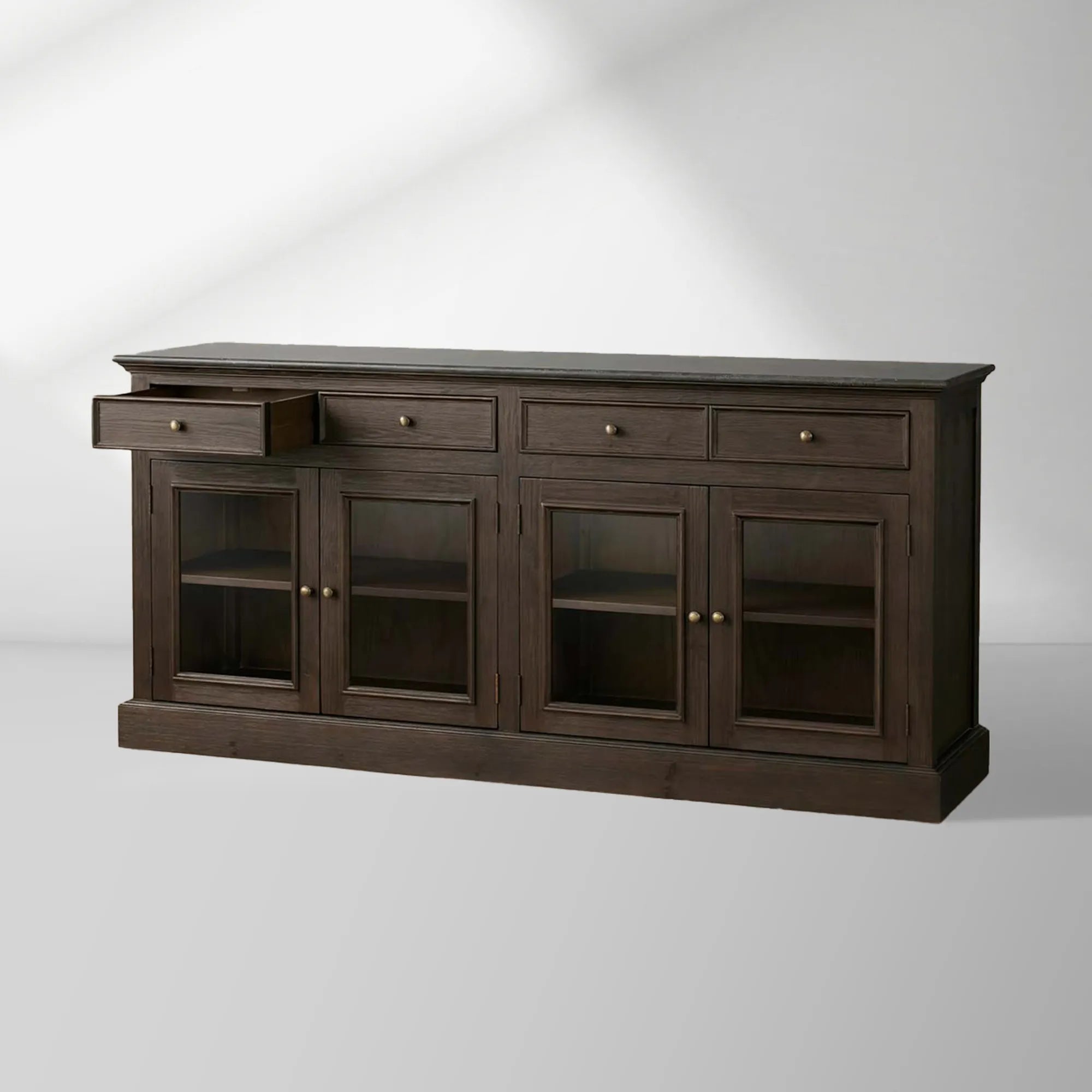Kensington Bluestone Marble Top Buffet Sideboard Pine Wood Entryways Side Cabinet Glass Doors Media TV Cabinet