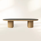 Couchtisch Astor mit ovalem Holzsockel und Marmorplatte