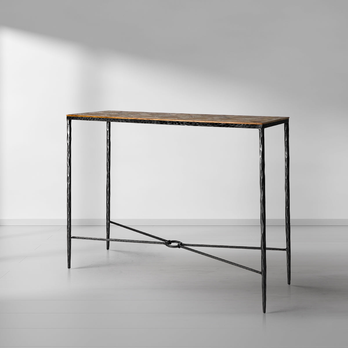 Thaddeus Metal Metal Frame Elm Wood Console Table Hand-Forged Entryways Entrance Table