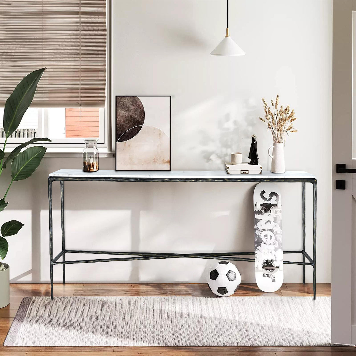 Thaddeus Metal Rectangle Marble Console Table Hand-Forged Entryways Entrance Table