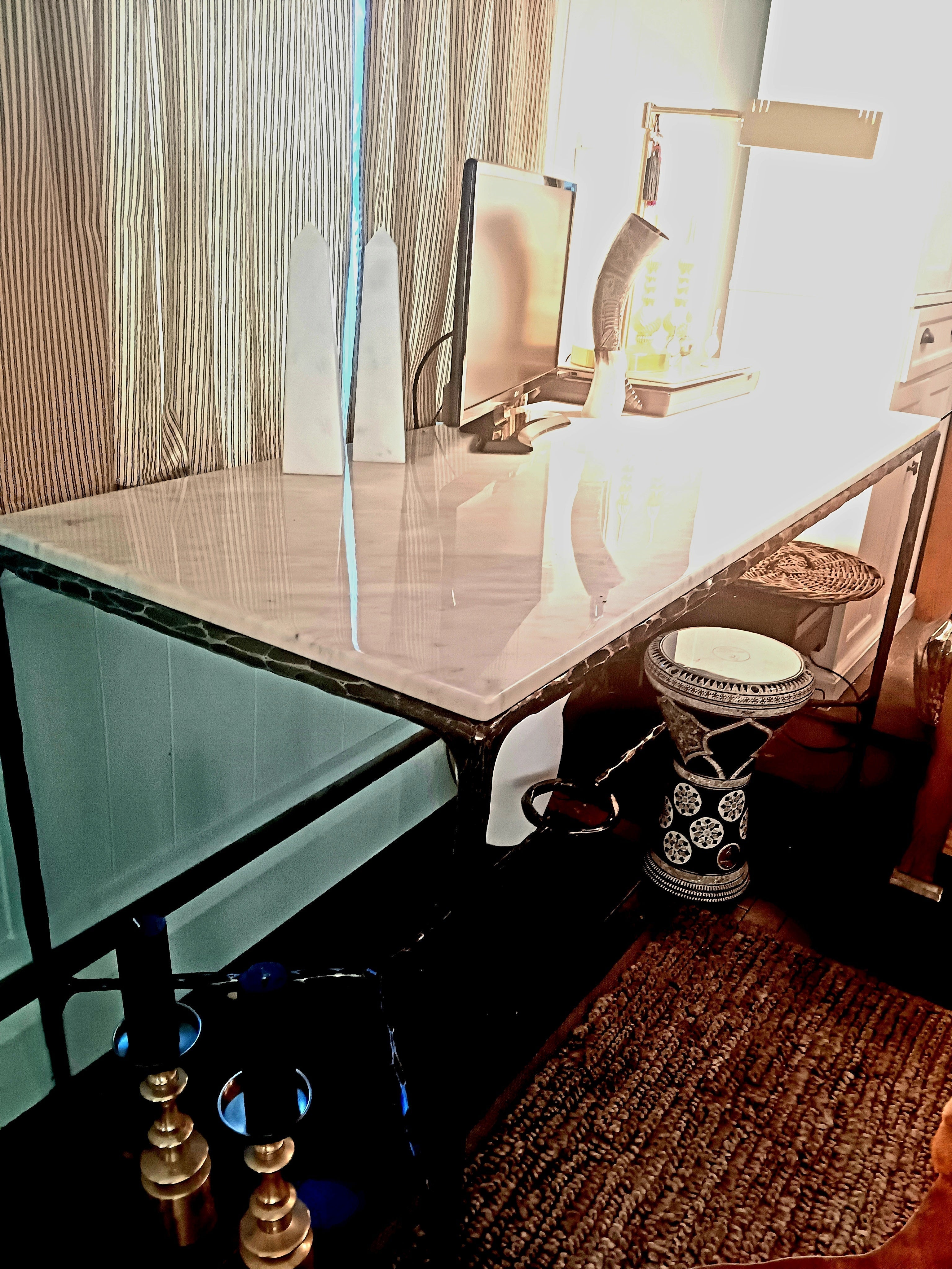 Thaddeus Metal Rectangle Marble Desk Hand-Forged Office Desk Computer Desk
