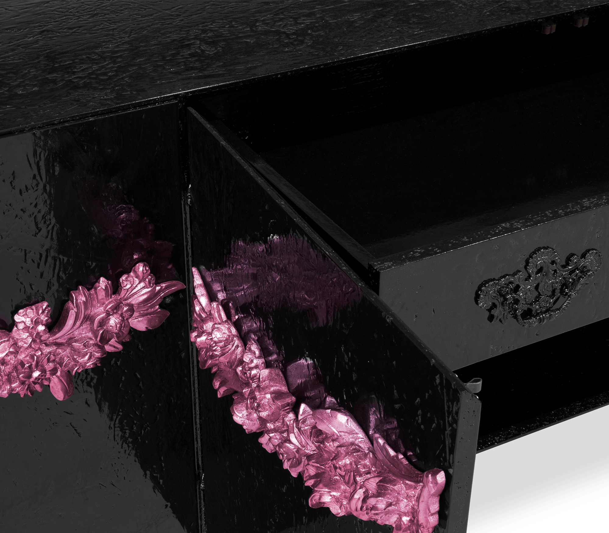 Luxury Black Sideboard Buffet Cabinet with Floral Carved Details & Storage
