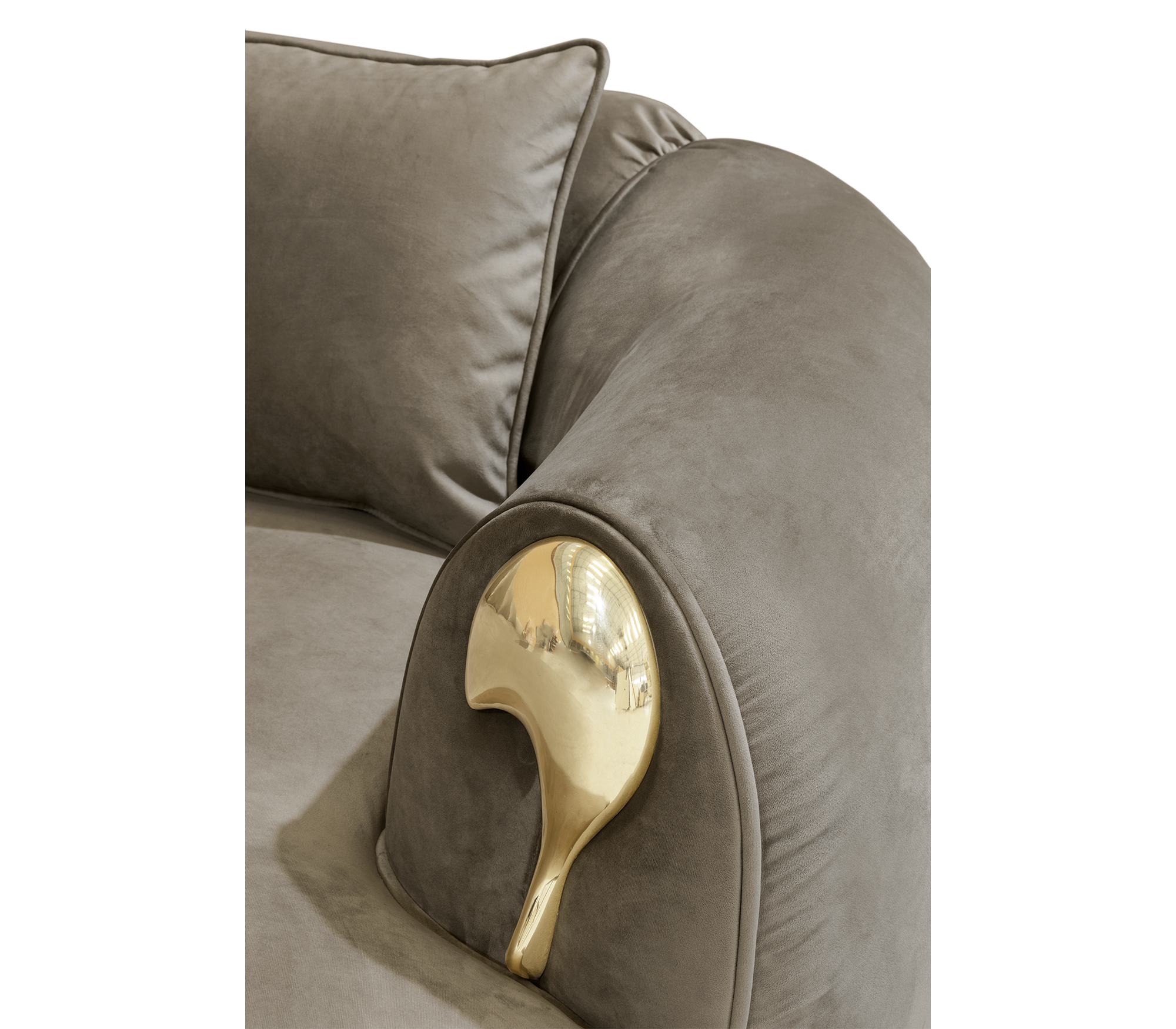 Luxury Curved Sofa with Hand-Hammered Polished Brass Base & Cream Upholstery Design