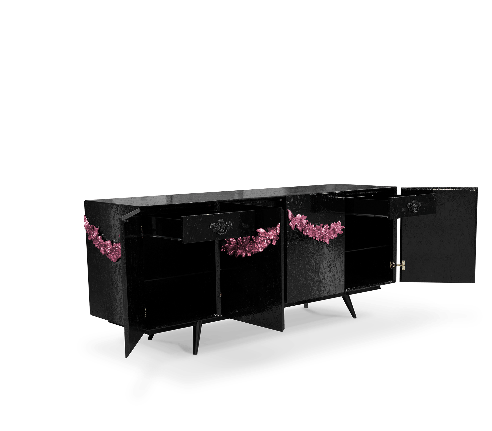 Luxury Black Sideboard Buffet Cabinet with Floral Carved Details & Storage