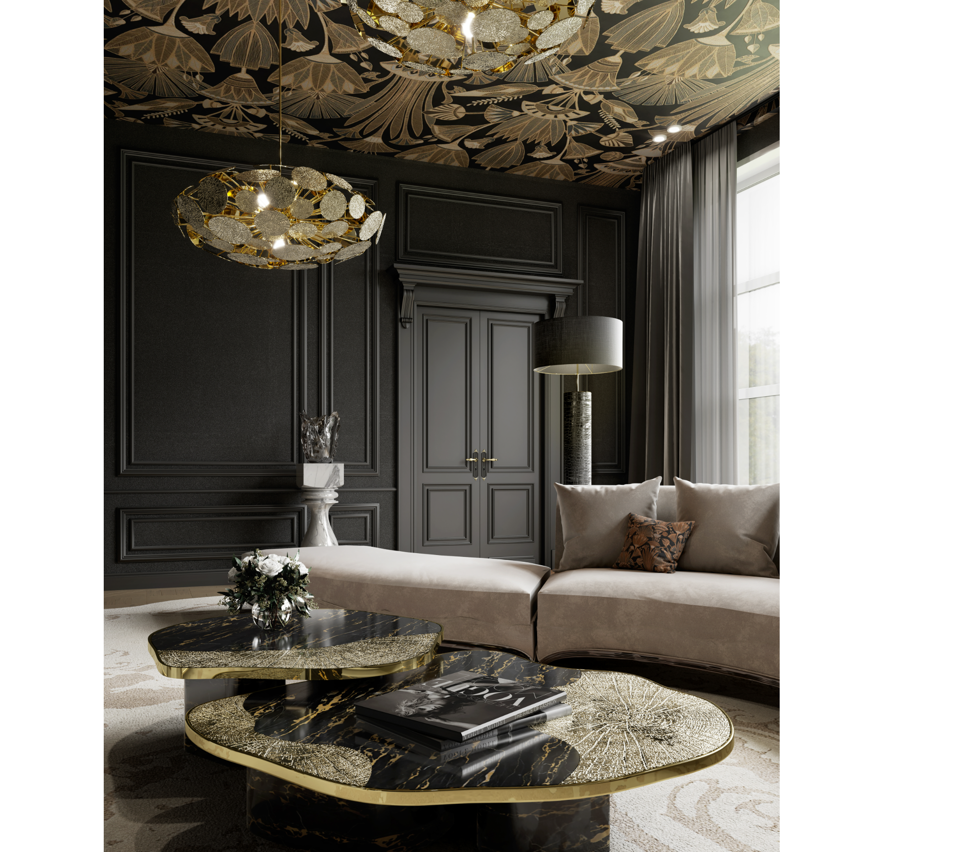 Luxury Calacatta Marble Coffee Table with Black Sculptural Base & Modern Design