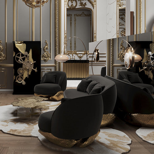 Luxury Sculptural Sofa with Polished Hammered Brass Base & Organic Curved Design