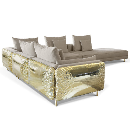 Luxury Imperfect Sculptural L-Shaped Modular Sofa with Ottoman & Polished Brass Design