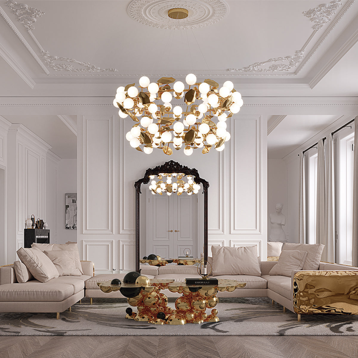 Luxury Imperfect Sculptural L-Shaped Modular Sofa with Ottoman & Polished Brass Design