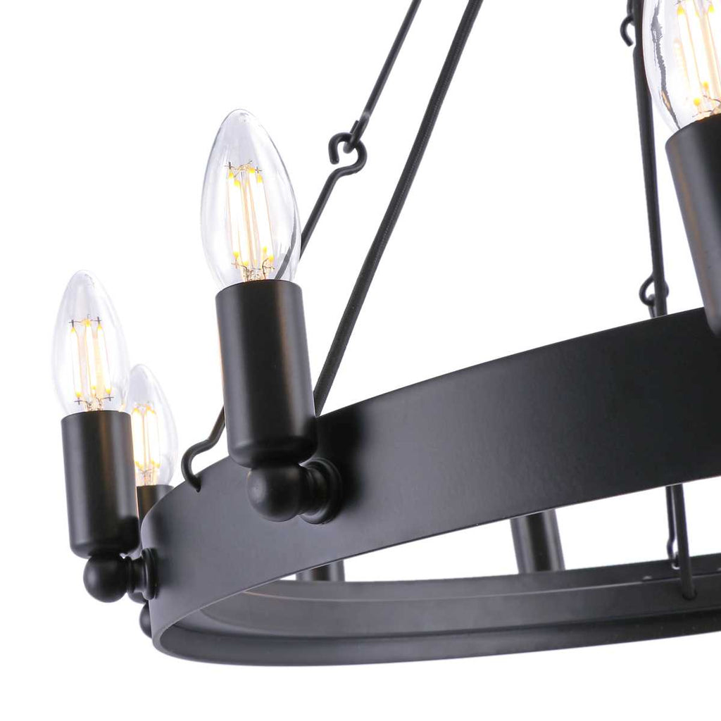 Rustic 25.6×25.6×19.7 inch Eight-Light Black Wrought Iron Chandelier with 39.4 inch Hanging Chain – Vintage Farmhouse Lighting Fixture