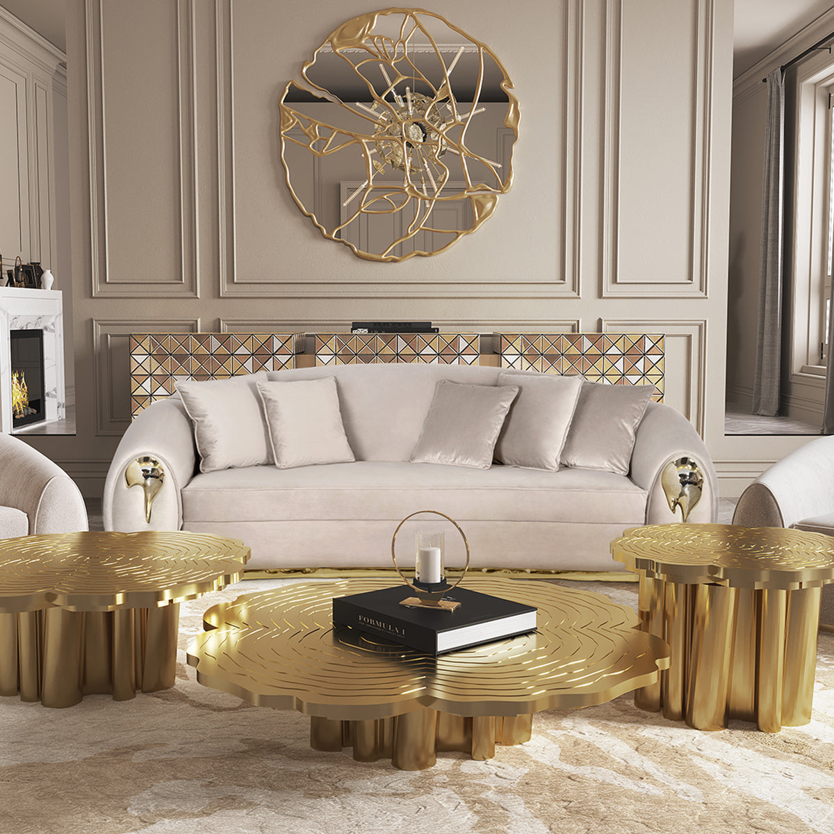 Luxury Curved Sofa with Hand-Hammered Polished Brass Base & Cream Upholstery Design