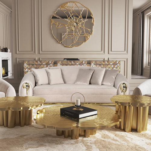 Luxury Curved Sofa with Hand-Hammered Polished Brass Base & Cream Upholstery Design