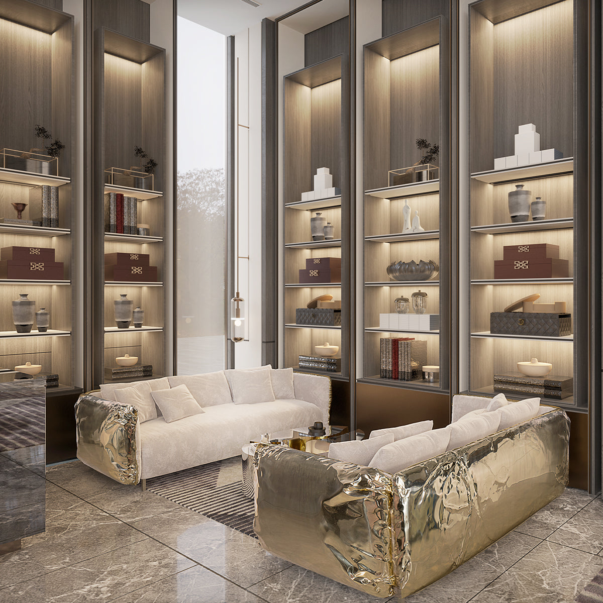 Luxury Imperfect Sculptural Sofa with Hammered Brass Frame & Artistic Design